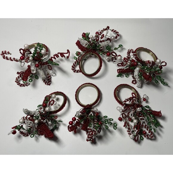 Beaded Holiday Christmas Napkin Ring Holders Set Of 6 - Picture 1 of 4